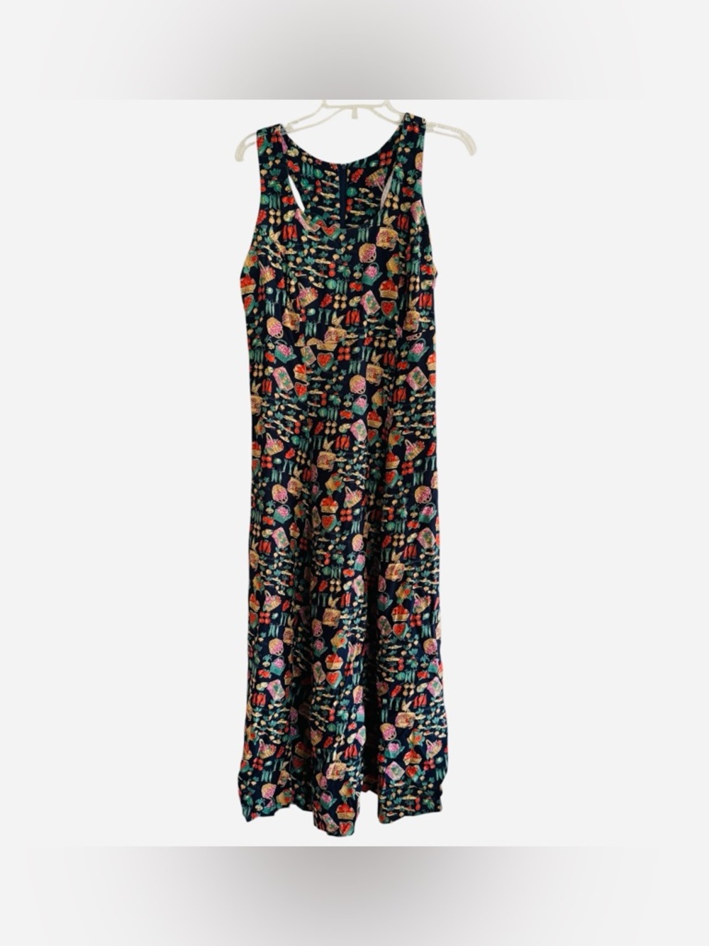 Vtg 90s Farmer’s Market Maxi Dress Vegetables Berries Fruits Navy Novelty 12 - Picture 2 of 10
